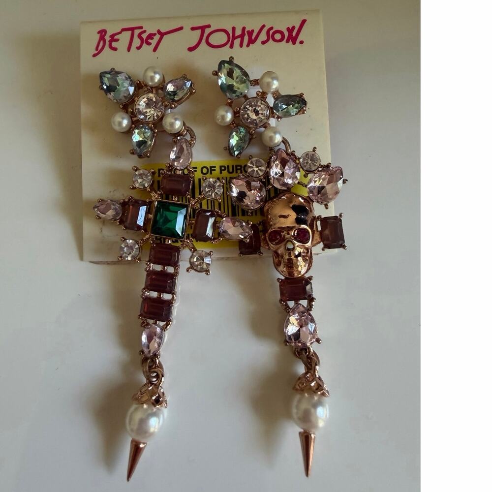Betsey Johnson Duchess of Betseyville Cross Mismatch Earrings Skull Pearl 3”